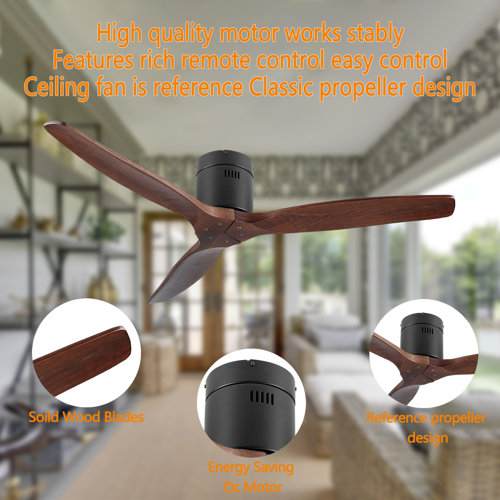 YUHAO Farmhouse 52" 3Blades Flush Mount Wood Ceiling Fan without Light Wayfair